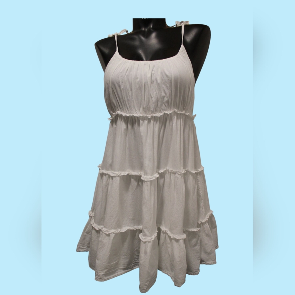 Tiered, Ruffled White Mini Dress,  Tie Up At Shoulder, Scoop Neckline  Babydoll